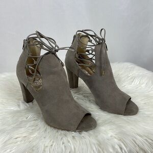 Sugar Kacy Faux Suede, Peep Toe, Lace Up Booty Shoes in Neutral Pewter, Size 8